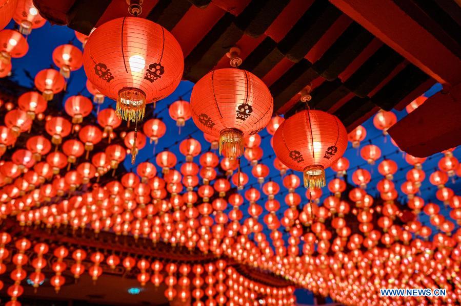 Red lanterns set for Chinese Lunar New Year are pictured at Thean Hou Temple in Kuala Lumpur, Malaysia, Feb. 2, 2021. (Photo by Chong Voon Chung/Xinhua)