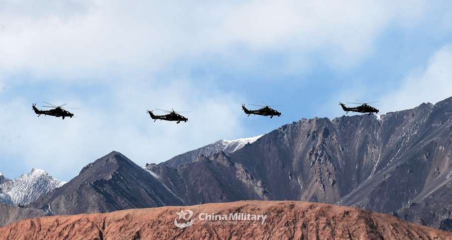 Gunship formation takes off in morning light