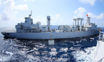 Navy vessels perform underway replenishment