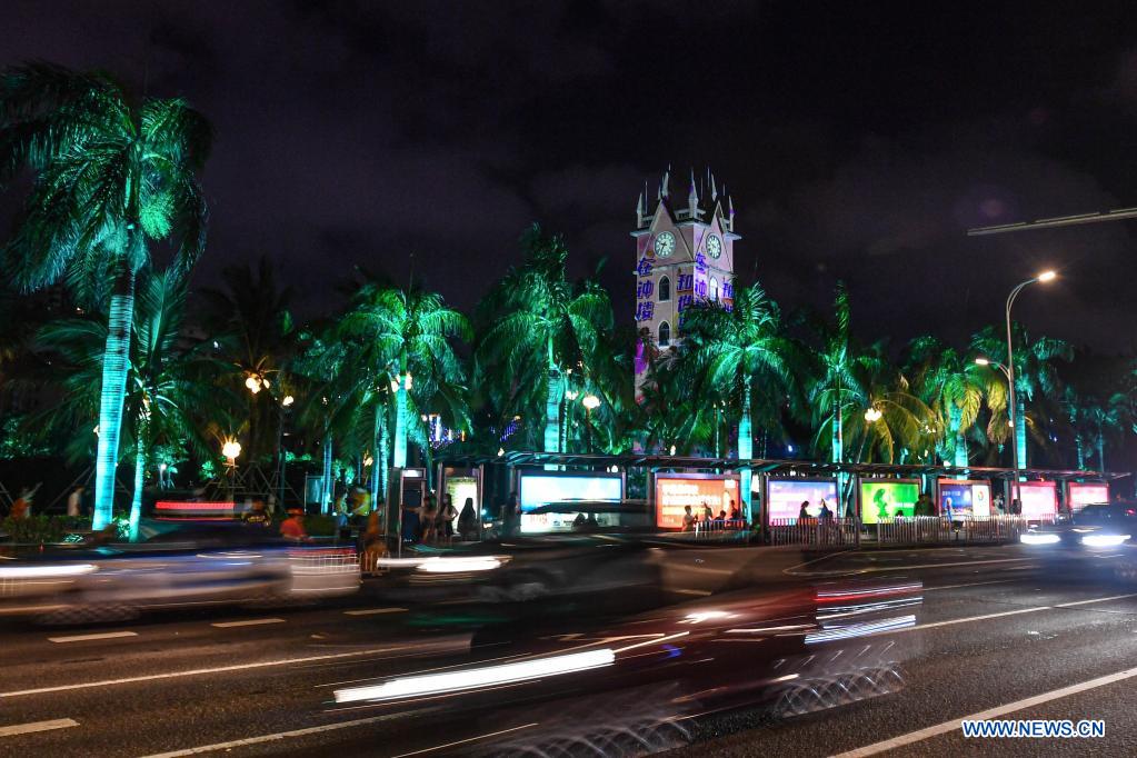 Light show held at bell tower in Haikou, Hainan