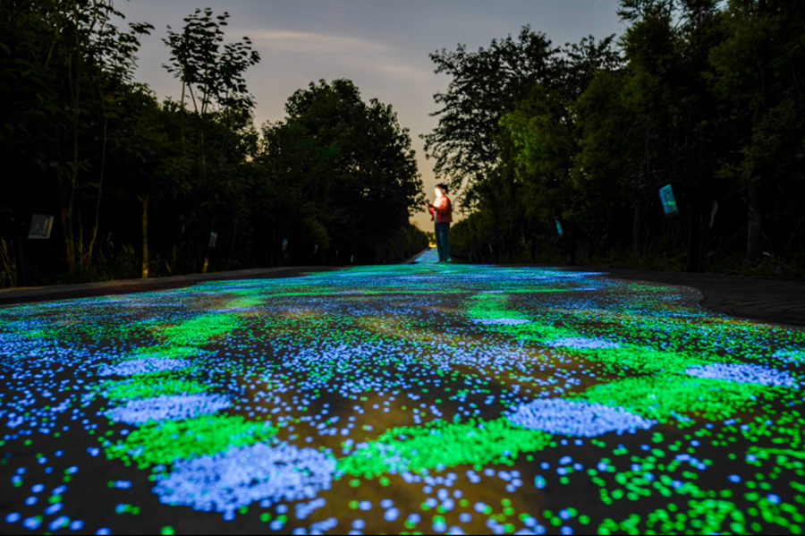 Fluorescent footpath glows under the night sky in Chongqing  
