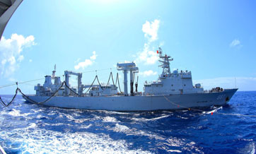 Navy vessels perform replenishment-at-sea training
