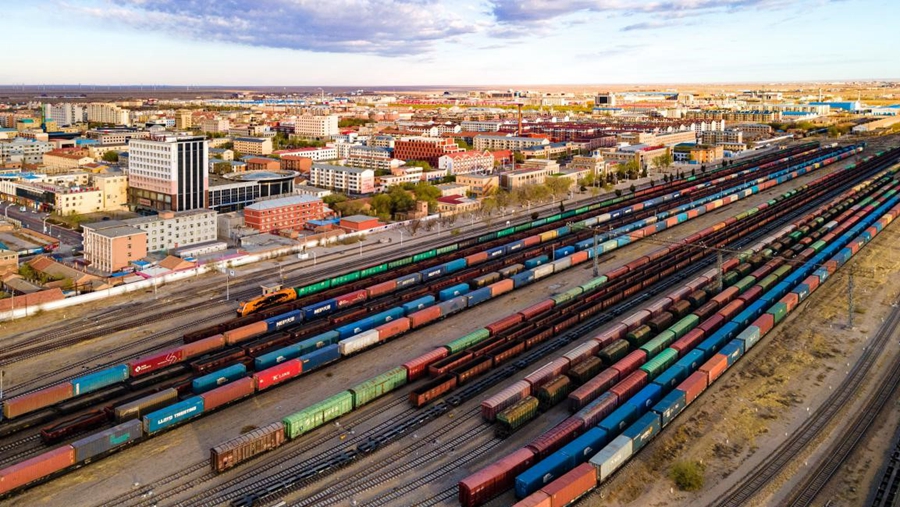 Photo taken on April 29, 2021, shows China-Europe freight trains at the Erenhot Port in north China’s Inner Mongolia autonomous region. (People’s Daily Online/ Xia Liang)