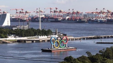 Olympic rings on display at Tokyo Bay area