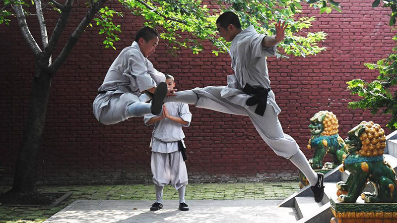 Shaolin monks practice martial arts at Pagoda Forest of Shaolin Temple in Henan