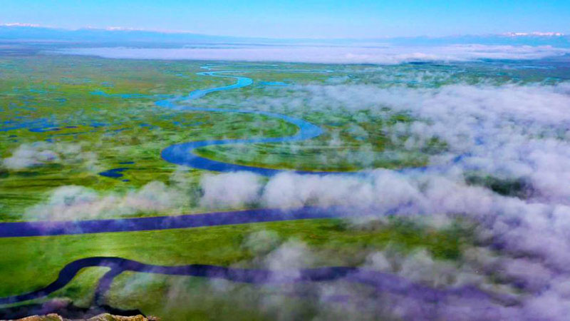 Magnificent sea of cloud scenery appears in Bayanbulak Grassland