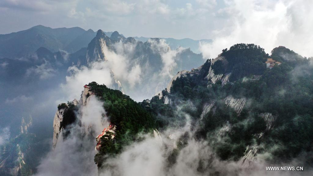 Scenery of mist-shrouded Mount Huashan in Weinan, Shaanxi
