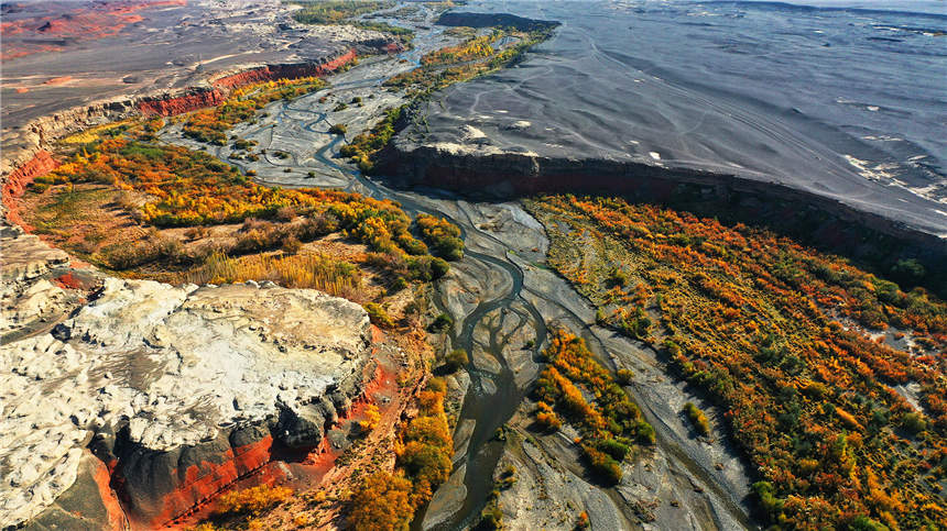 Autumn scenery of Red River Valley in NW China's Xinjiang