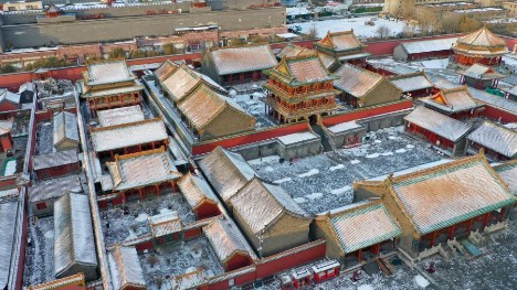 Aerial view of Shenyang Palace museum in snow