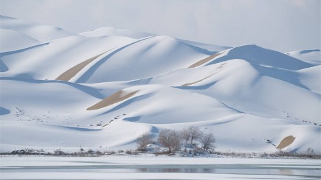 Snow creates winter wonderland in Taklimakan Desert, NW China's Xinjiang