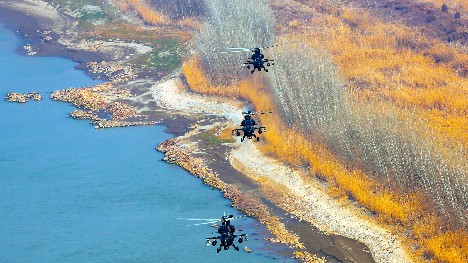 Attack helicopters fly over river bank