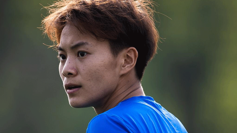 Chinese female football player Wang Shuang attends training session