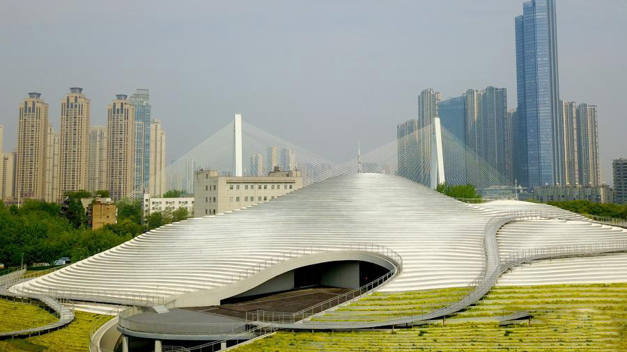 Aerial view of 'silver terrace'-shaped art museum in Wuhan