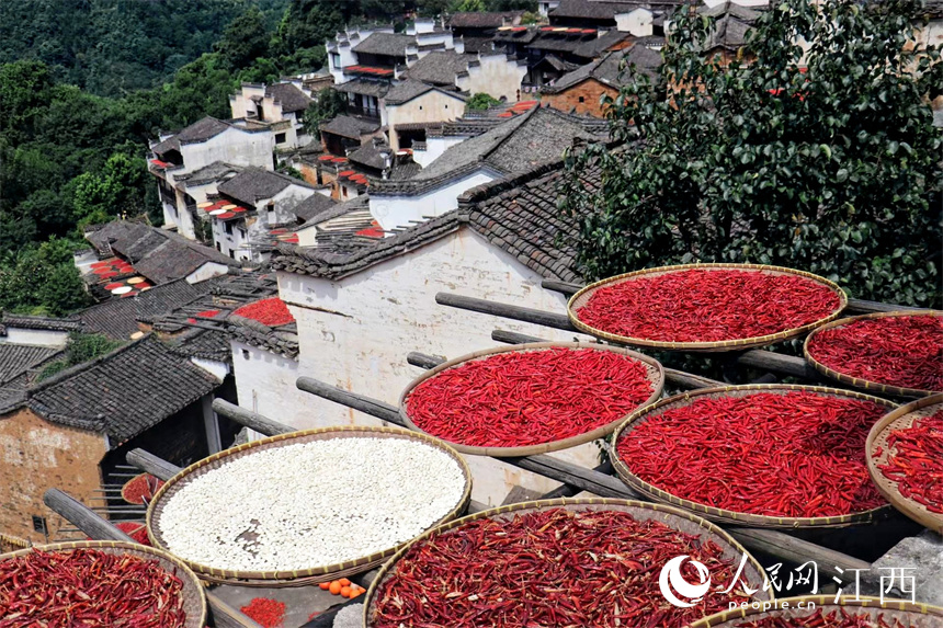 Villagers dry crops in the sun in Wuyuan, E China's Jiangxi