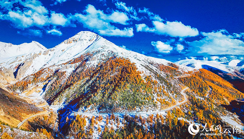 Baima Snow Mountain in SW China's Yunnan sees first snowfall in autumn