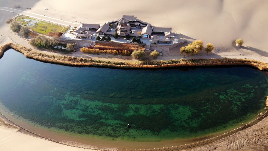 Beautiful view in Mingsha Mountain and Crescent Spring scenic spot in Dunhuang