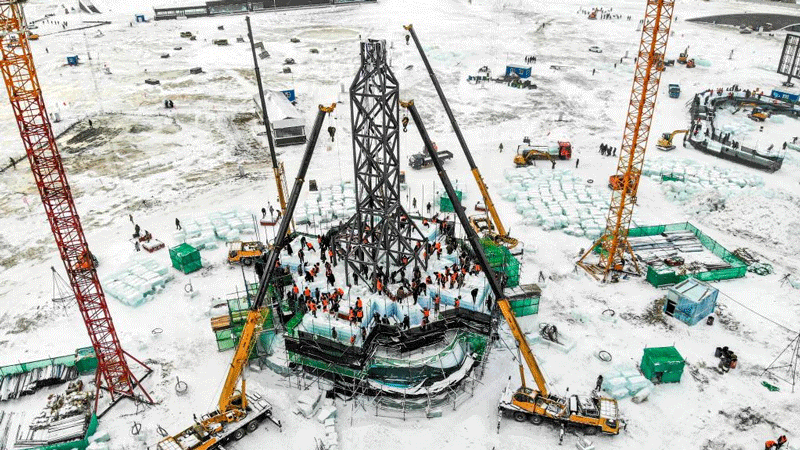 Harbin Ice-Snow World under construction in northeast China
