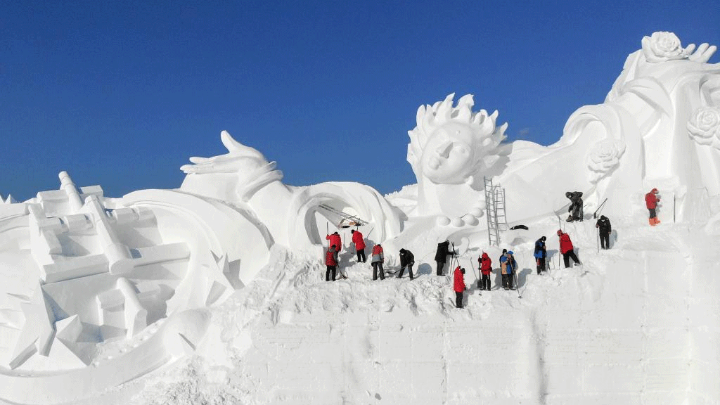 Preparations made for snow sculpture expo in Harbin, NE China