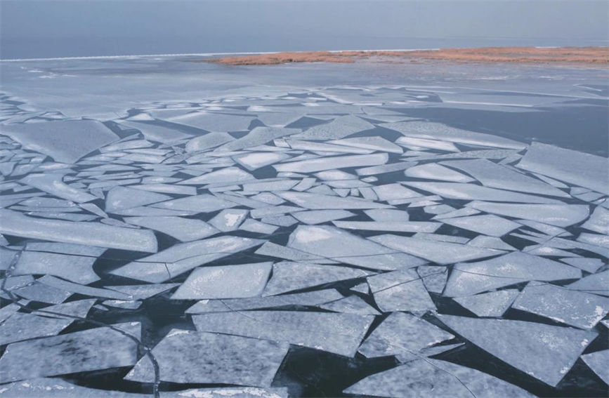 Stunning view of jigsaw-like ice at Bosten Lake, NW China's Xinjiang