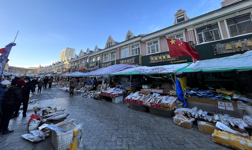 Colorfully lit snow sculptures, busy fish market add festive atmosphere in China's easternmost city