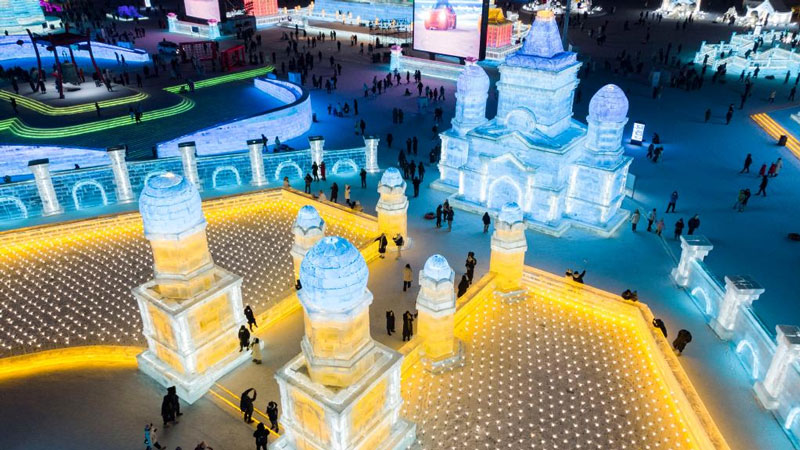 People visit Ice-Snow World theme park in Harbin, northeast China