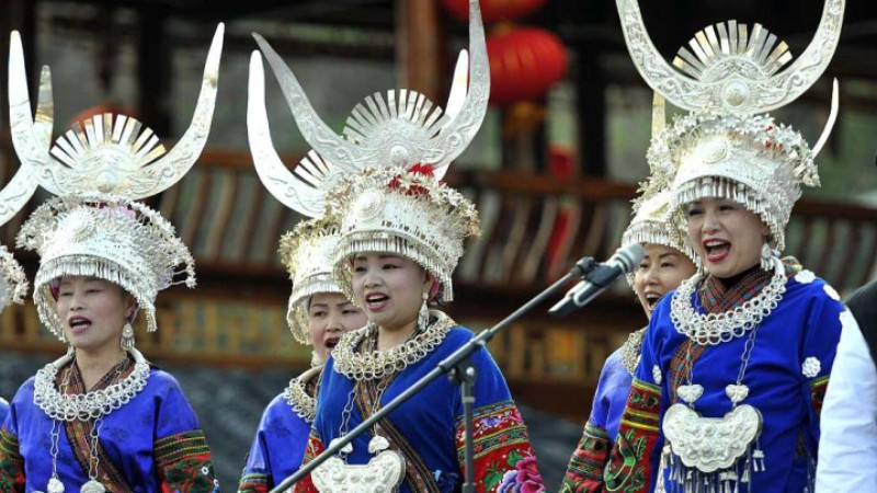 Beauty of lusheng dance of China's Miao nationality in China