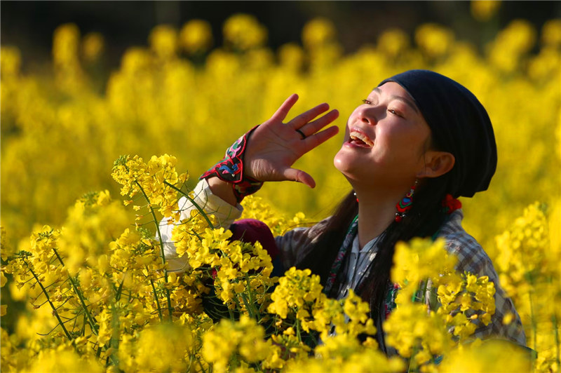 Rapeseed flowers bloom in ancient terraced fields in NW China's Shaanxi