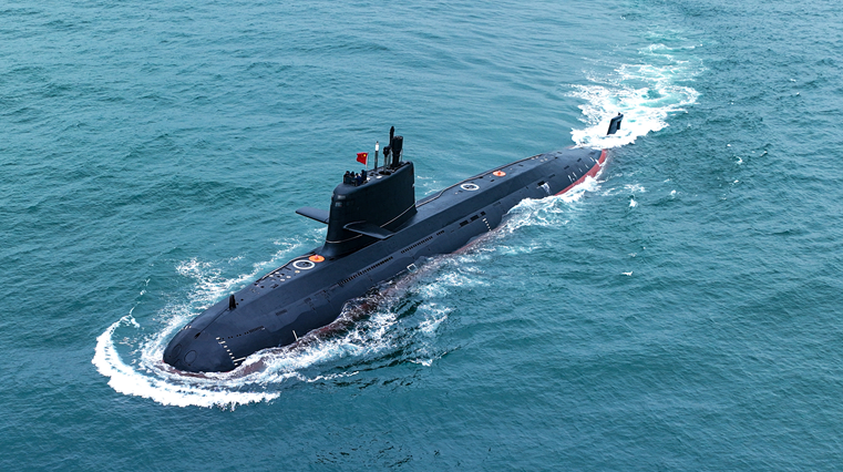 Submarine steams in the sea