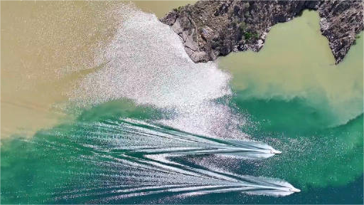 Scenery of two rivers meeting at Liujiaxia Reservoir in China's Gansu Province