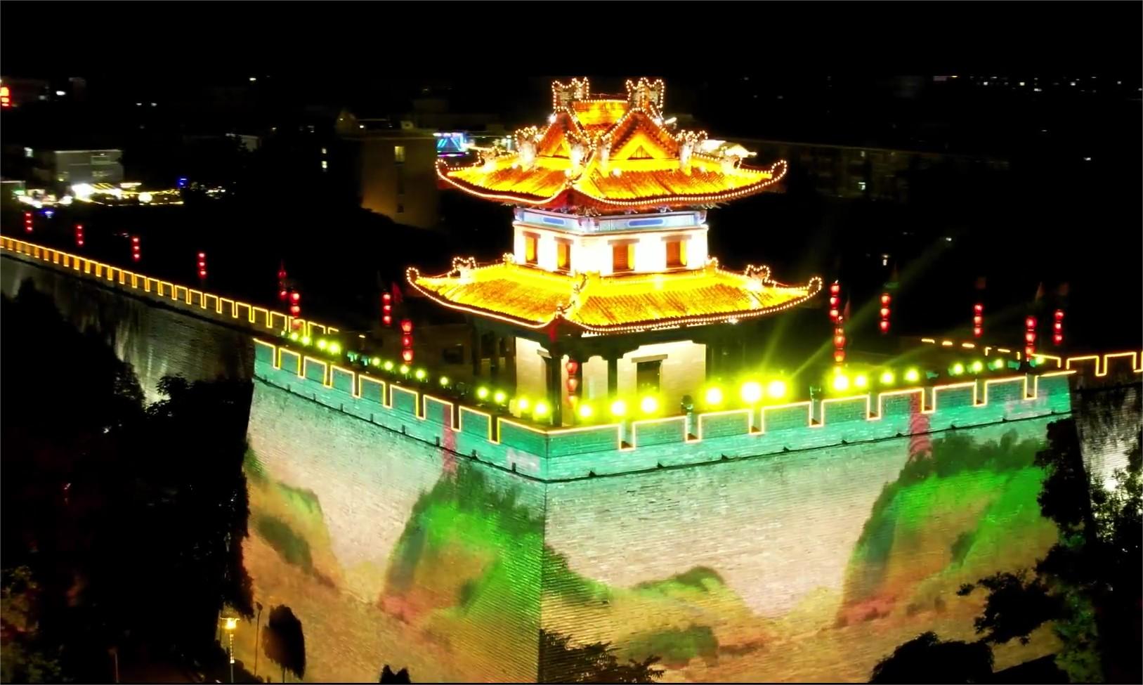 Light show projected onto ancient city walls in Xi'an
