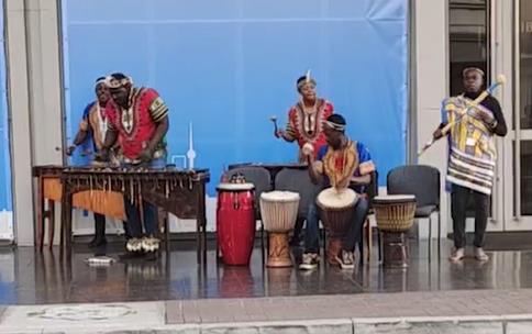 South African musicians play traditional music at the entrance of the BRICS Summit venue