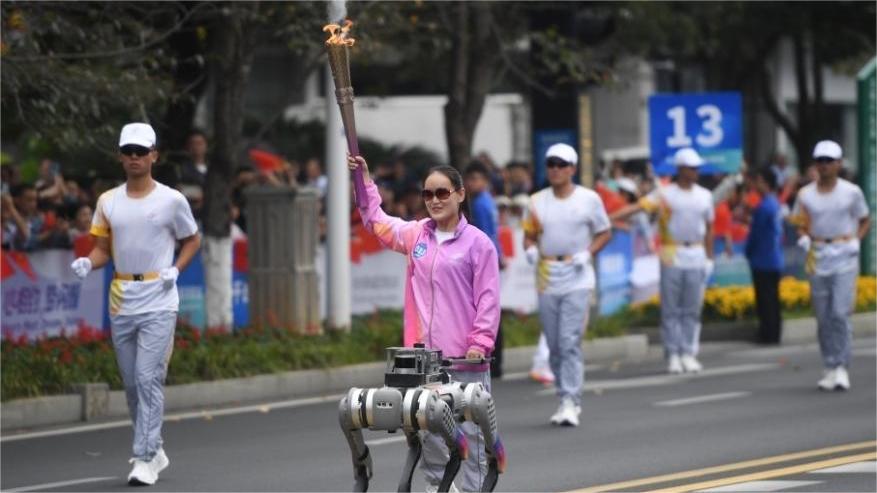 A robot dog guides torchbearer during Hangzhou Para Games torch relay