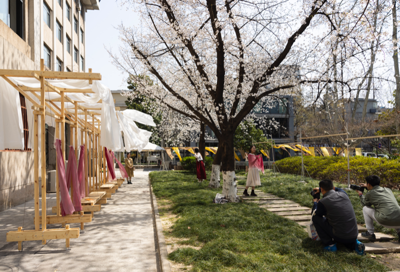 University classroom with view of cherry blossoms turns into dyeing workshop
