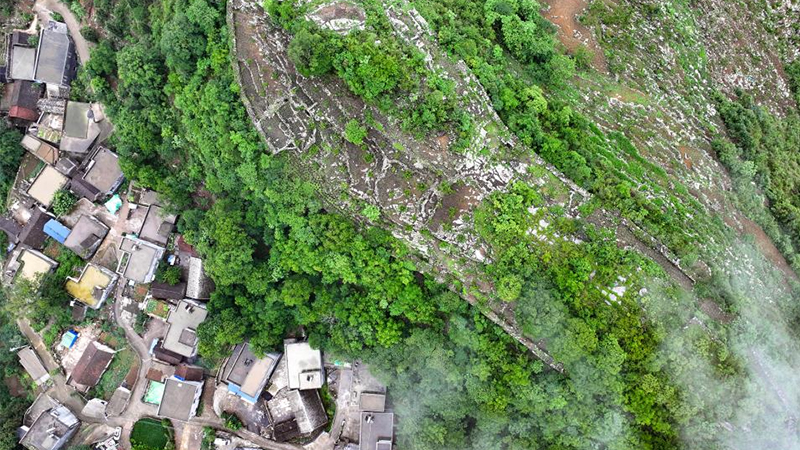 Aerial view of ancient city ruins in Guizhou, SW China