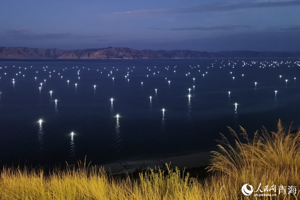 Stunning night views of fishing light-dotted lake in Longyang Gorge, NW China's Qinghai