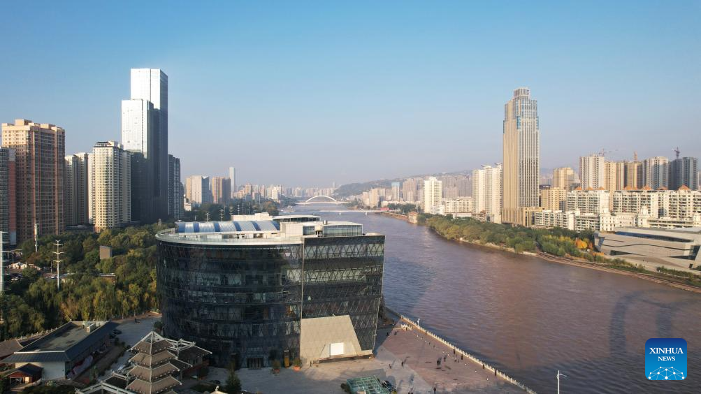 Aerial view of Lanzhou section of Yellow River