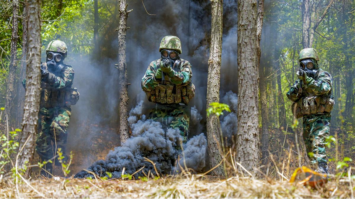 Soldiers in chemical defense training