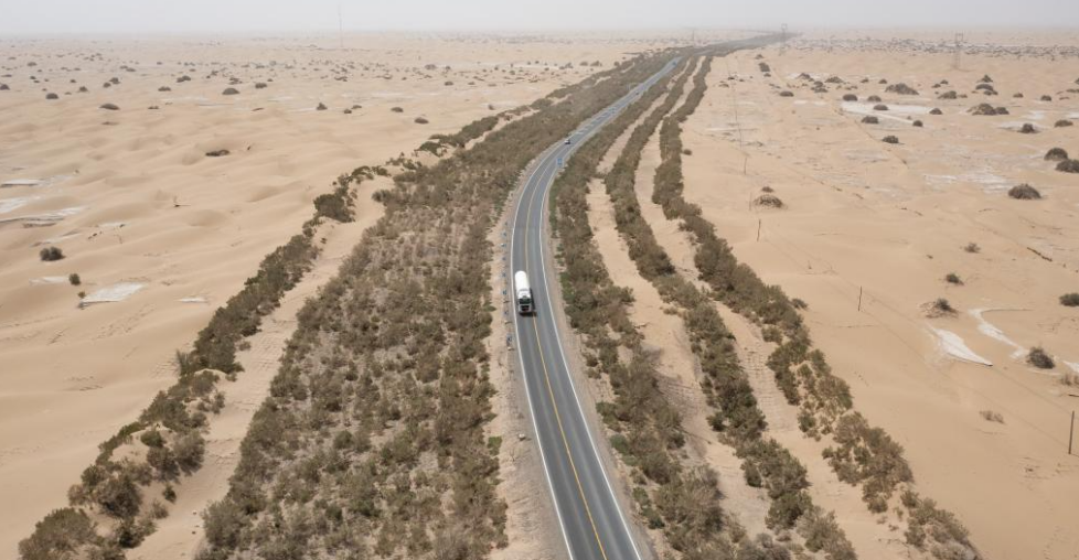 Aerial view of Tarim Desert Highway in China's Xinjiang