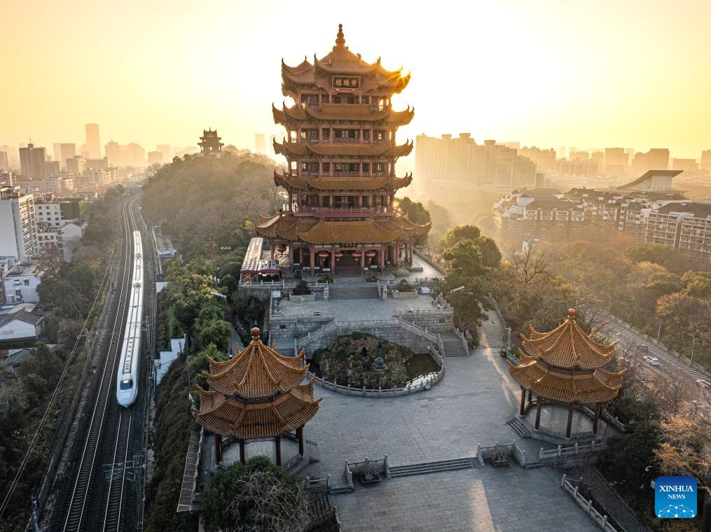 Scenery of Yellow Crane Tower at sunrise in Wuhan, China's Hubei