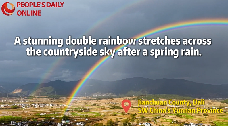 Stunning double rainbow after rain in Dali, SW China's Yunnan