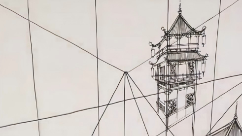 Artist draws Jiangnan scenery with both hands simultaneously