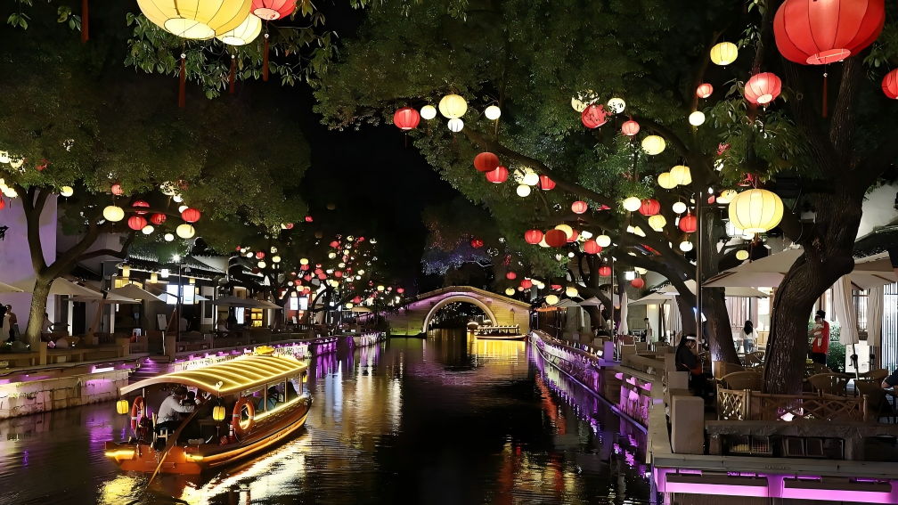 Night scenery of Huishan Yingyueli area in China's Jiangsu