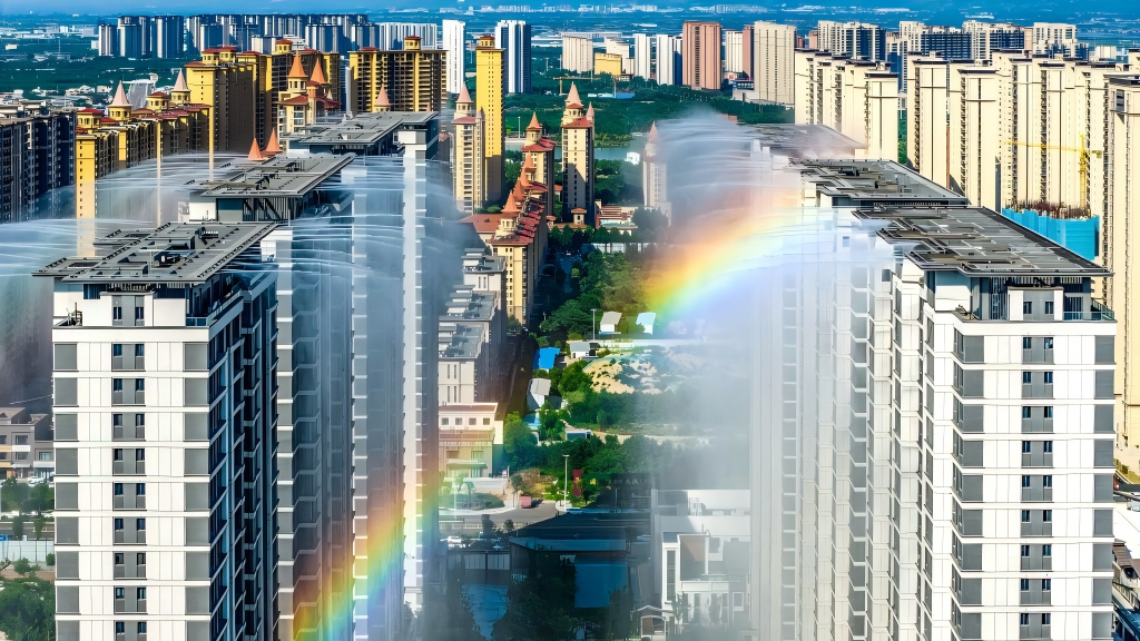 Residential community activates misting system amid hot weather in China's Shanxi