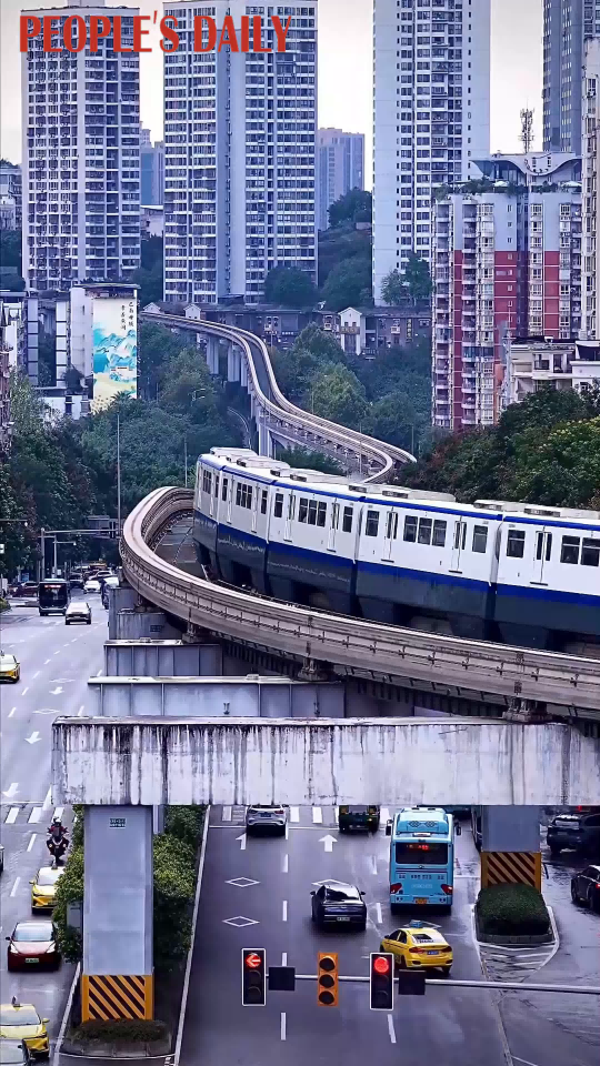 Watch Chongqing's light rail trains navigate the mountain city