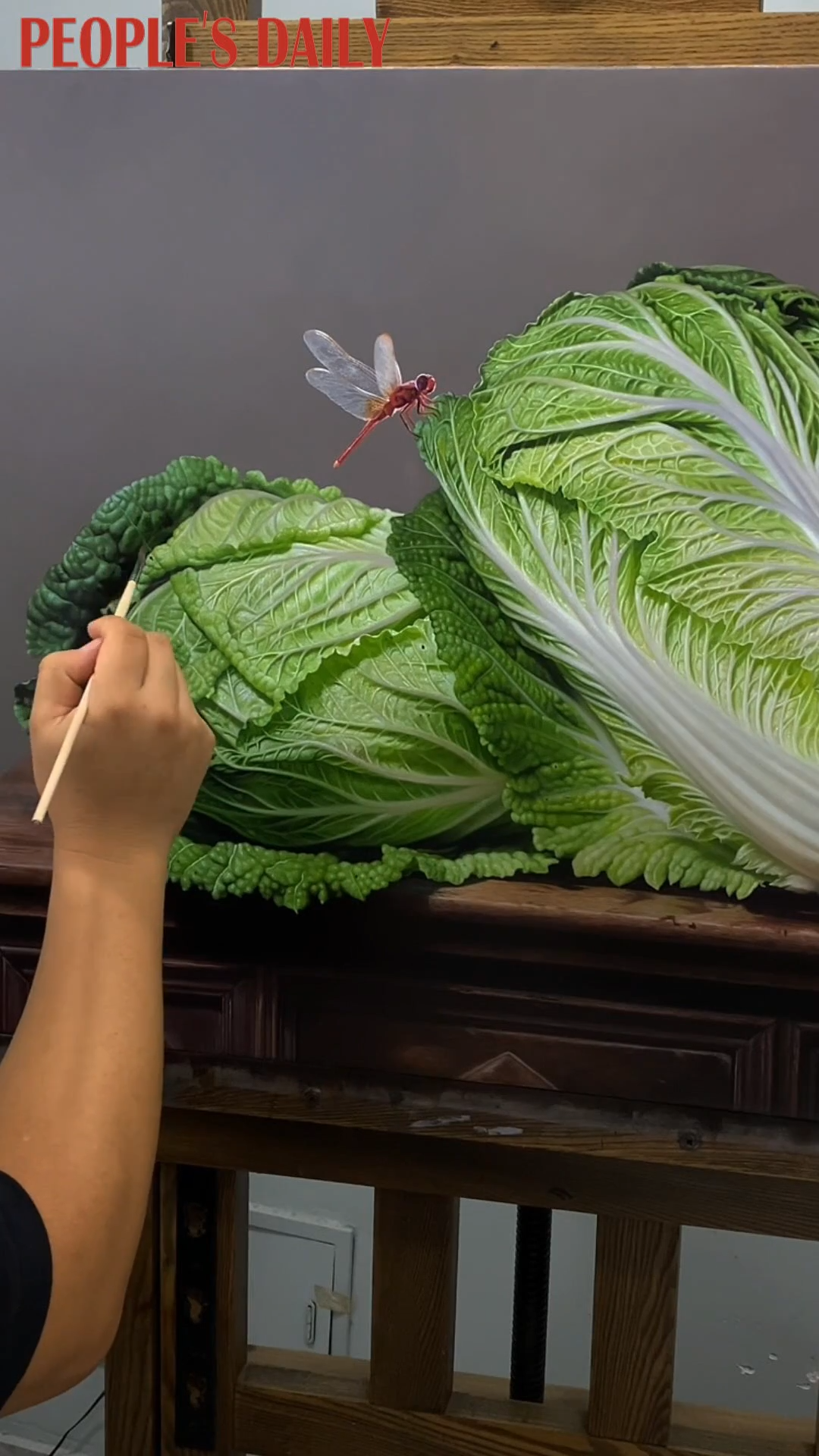 When a dragonfly meets Chinese cabbage in a painting