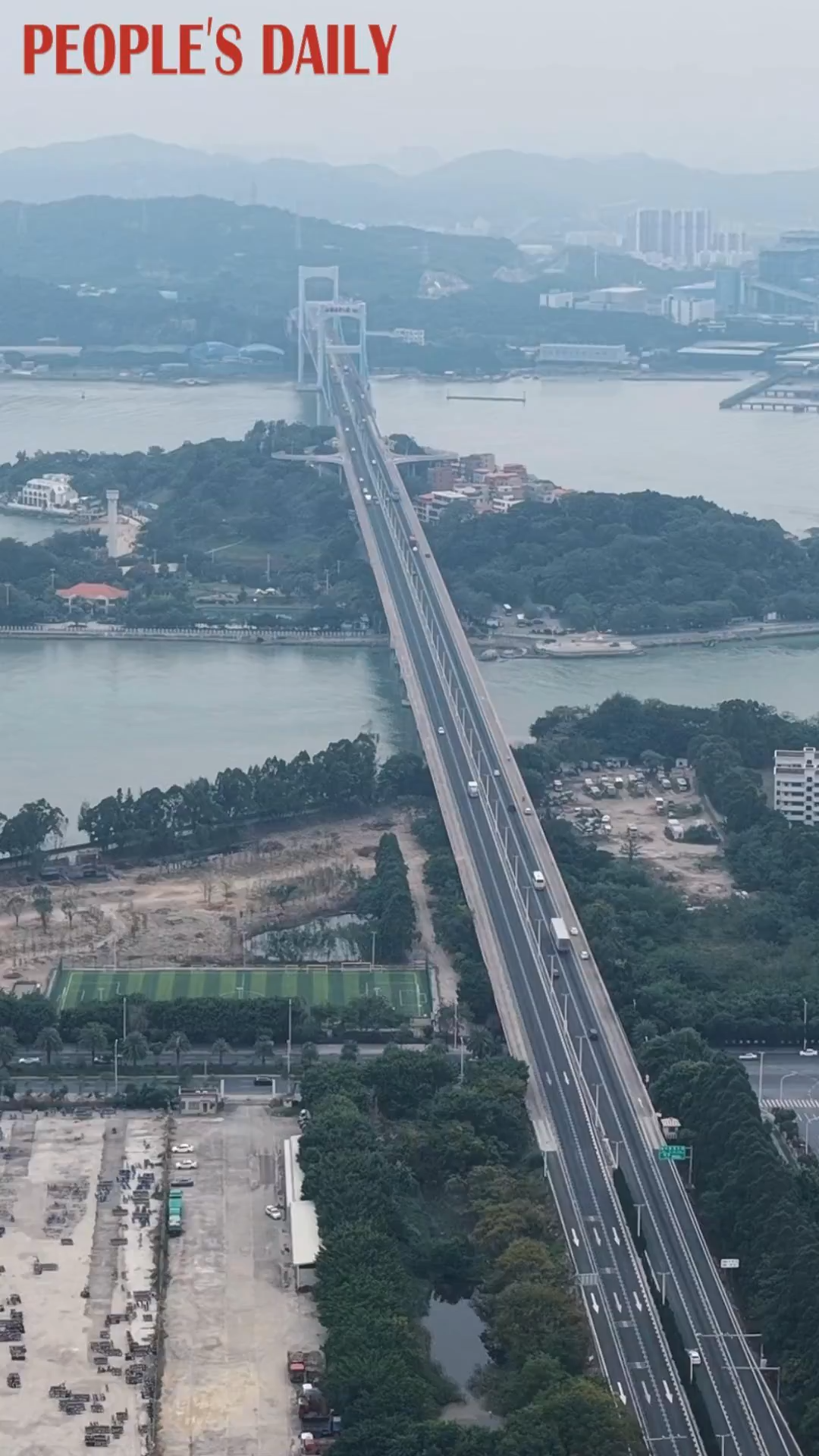 Aerial views of Shantou Bay Bridge, China's first modern suspension bridge