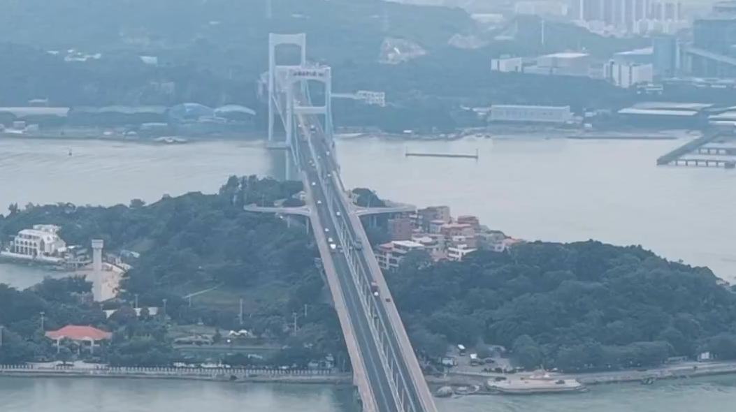 Aerial views of Shantou Bay Bridge, China's first modern suspension bridge