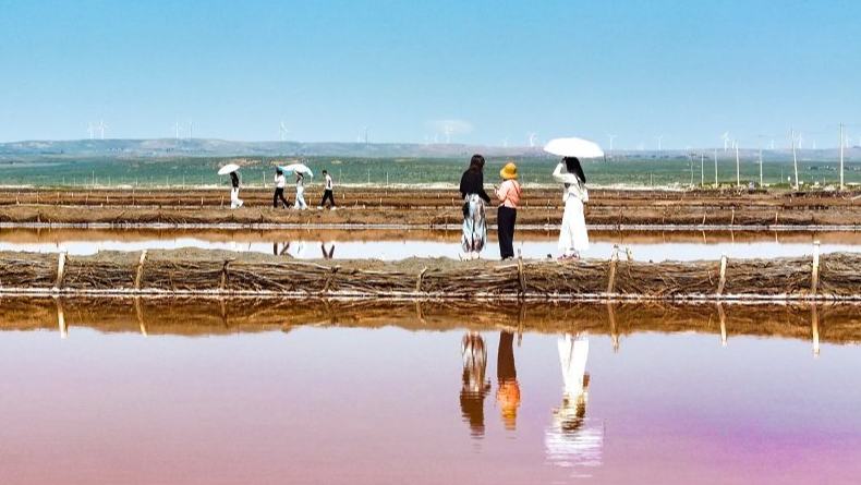 Tourists enjoy themselves at salt lake in Ordos, N China's Inner Mongolia