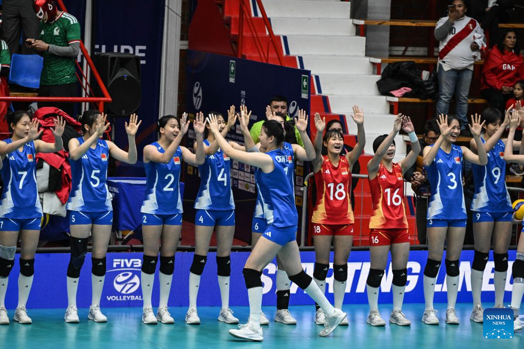Players of China celebrate after the Pool B Preliminary Phase match between China and Mexico at the FIVB Volleyball Girls' U17 World Championship in San Felipe, Chile, Aug. 10, 2026. (Photo by Jorge Villegas/Xinhua)