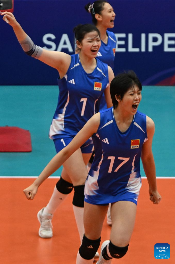 Niu Sidi (Front) and Chen Xinyi (C) of China celebrate during the Pool B Preliminary Phase match between China and Mexico at the FIVB Volleyball Girls' U17 World Championship in San Felipe, Chile, Aug. 10, 2026. (Photo by Jorge Villegas/Xinhua)